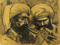 Doda Baloch, Marri Tribes Men Playing Flute II, 20 x 27 Inch, Charcoal on Paper, Figurative Painting, AC-DDB-003